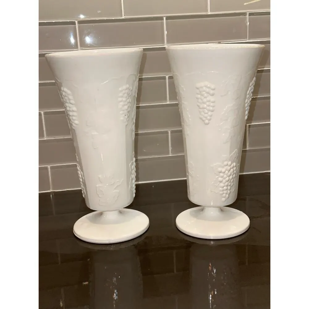 Set of 2 Vintage 10” Indiana Glass Colony Harvest Grape Milk Glass Vase
